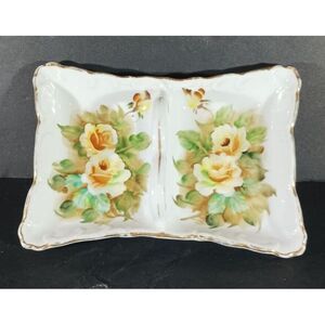Vtg Yellow Rose Divided Dish Hand Painted Porcelain Nut Candy Trinket Ucagco